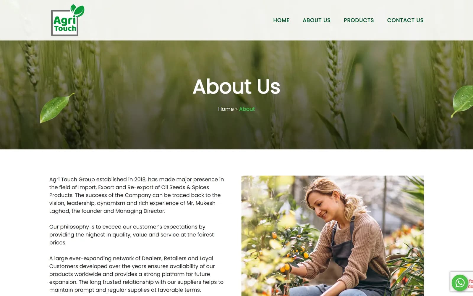 Agri Touch about page describing the company's history and dealer network