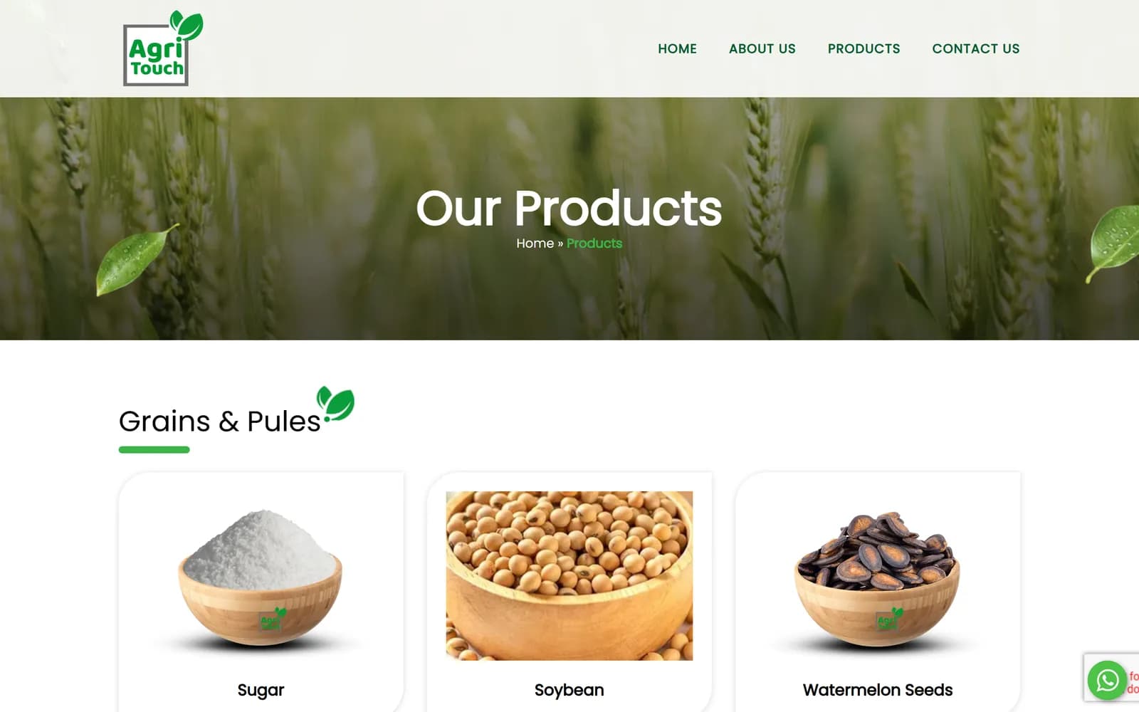 Agri Touch products page with grains and pulses shown in wooden bowls