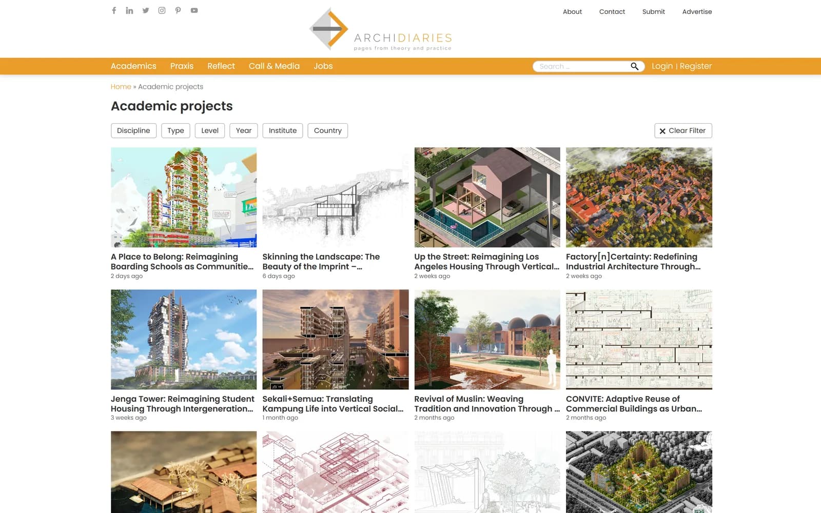 ArchiDiaries academic projects listing with filters for discipline, type, level, year, institute and country
