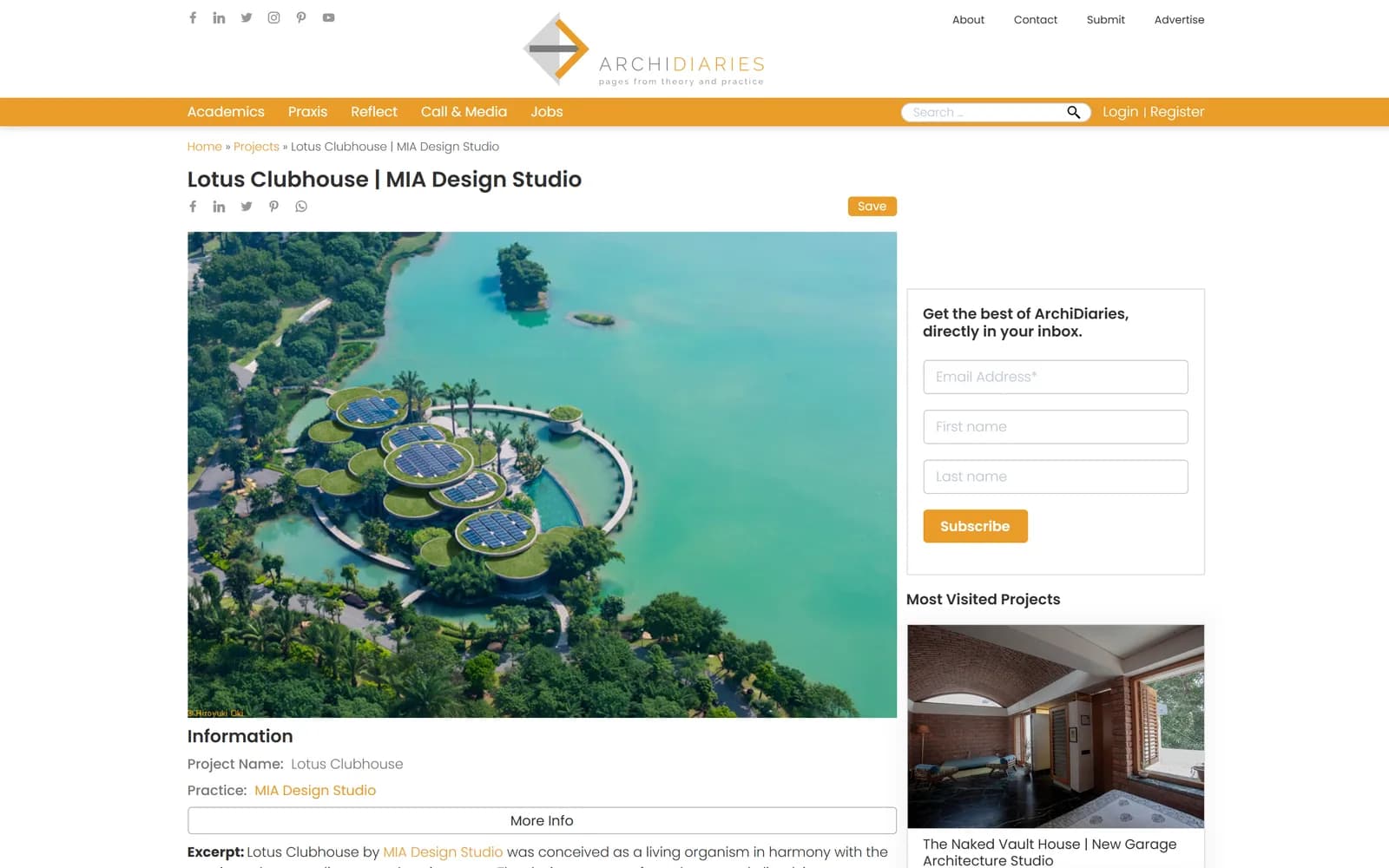 ArchiDiaries project page for Lotus Clubhouse by MIA Design Studio, with project information and newsletter sign-up
