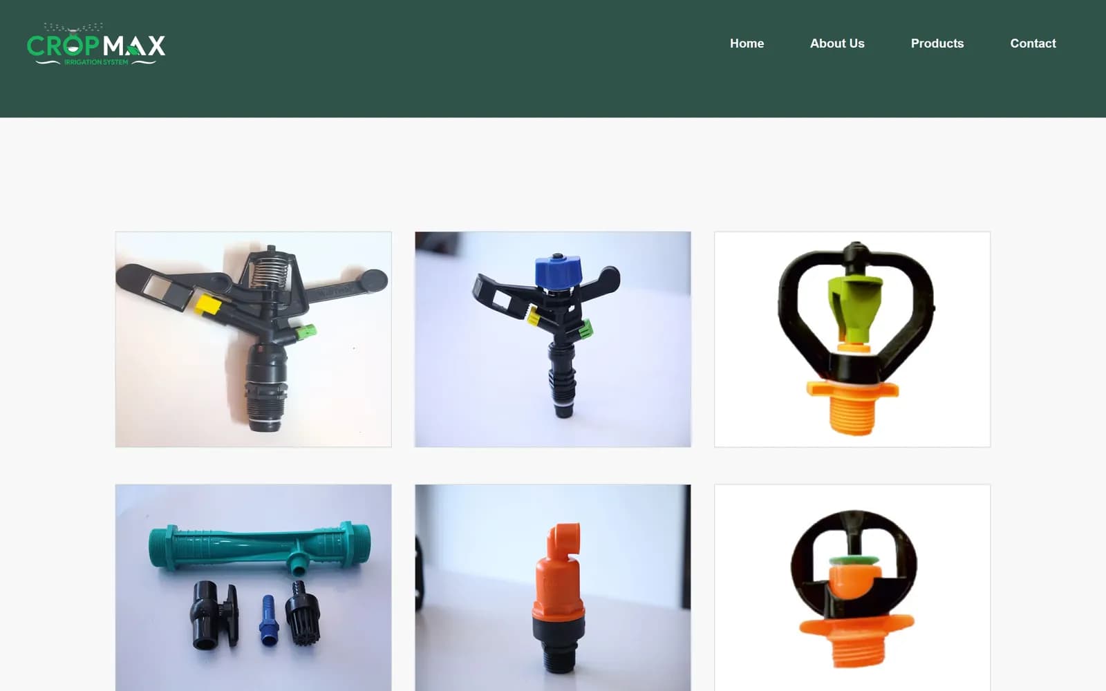 Cropmax products page with a grid of sprinklers, nozzles and valves