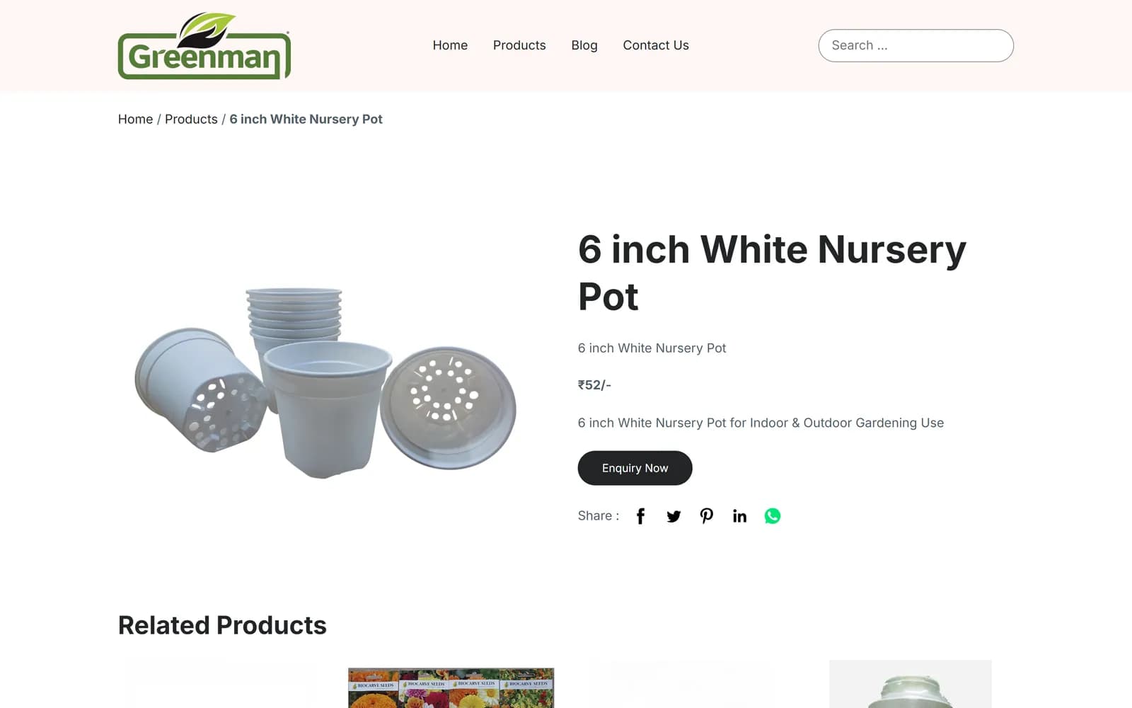 Greenman Garden Agro Center product page for a 6 inch white nursery pot