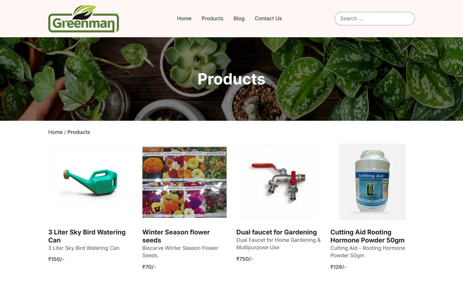 Greenman Garden Agro Center products page with watering cans, seeds and gardening tools
