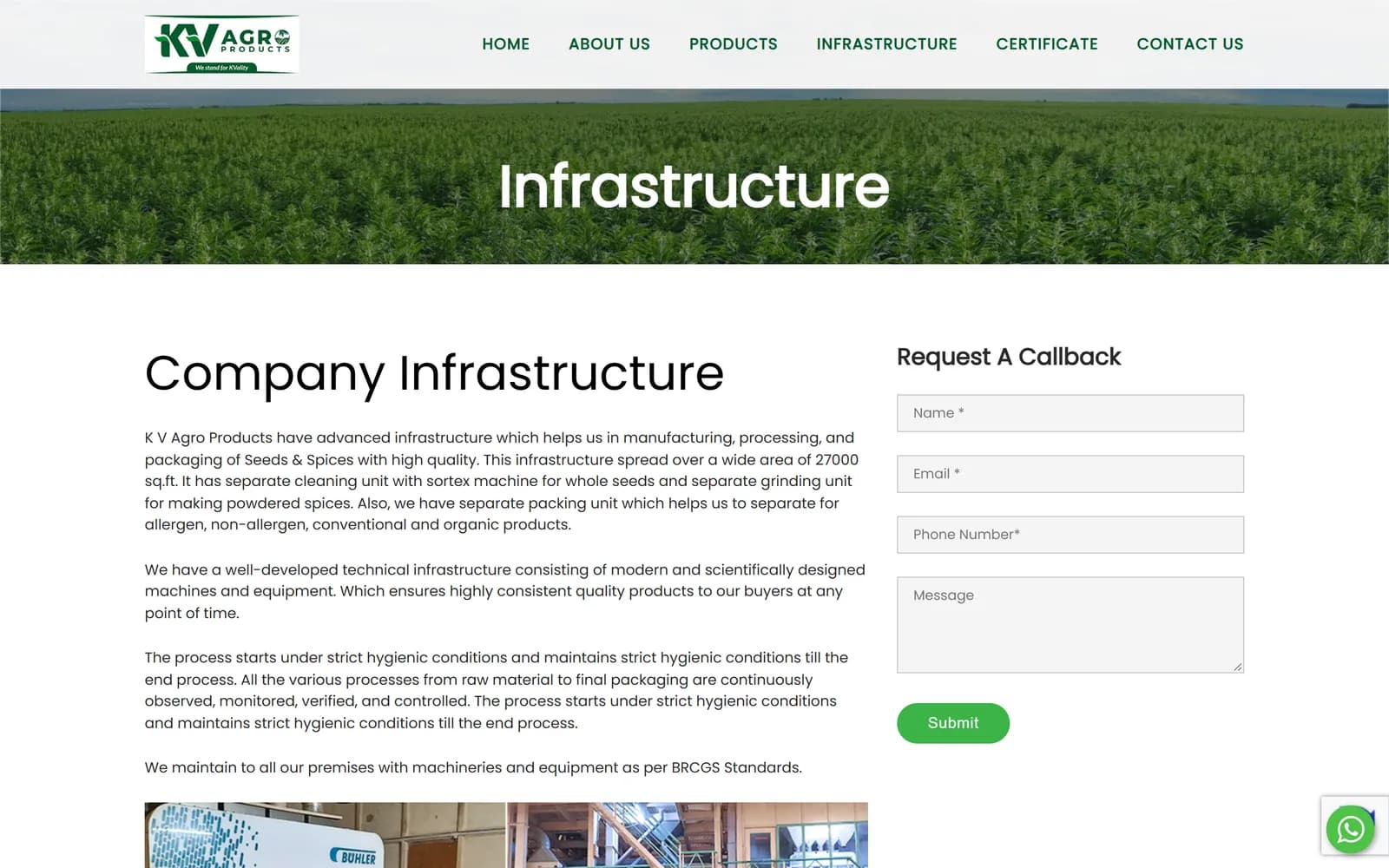 KV Agro Products infrastructure page with a request a callback form