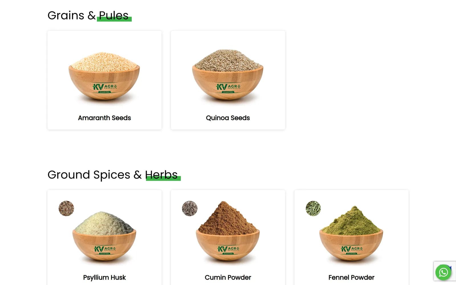 KV Agro Products products page with conventional range of grains, pulses and ground spices