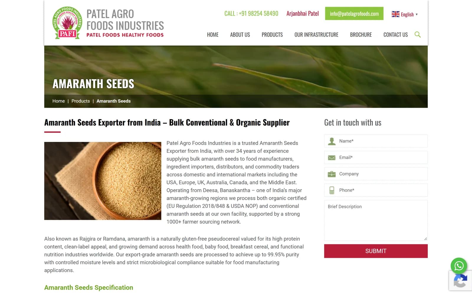 Patel Agro Foods amaranth seeds exporter page with a sidebar enquiry form