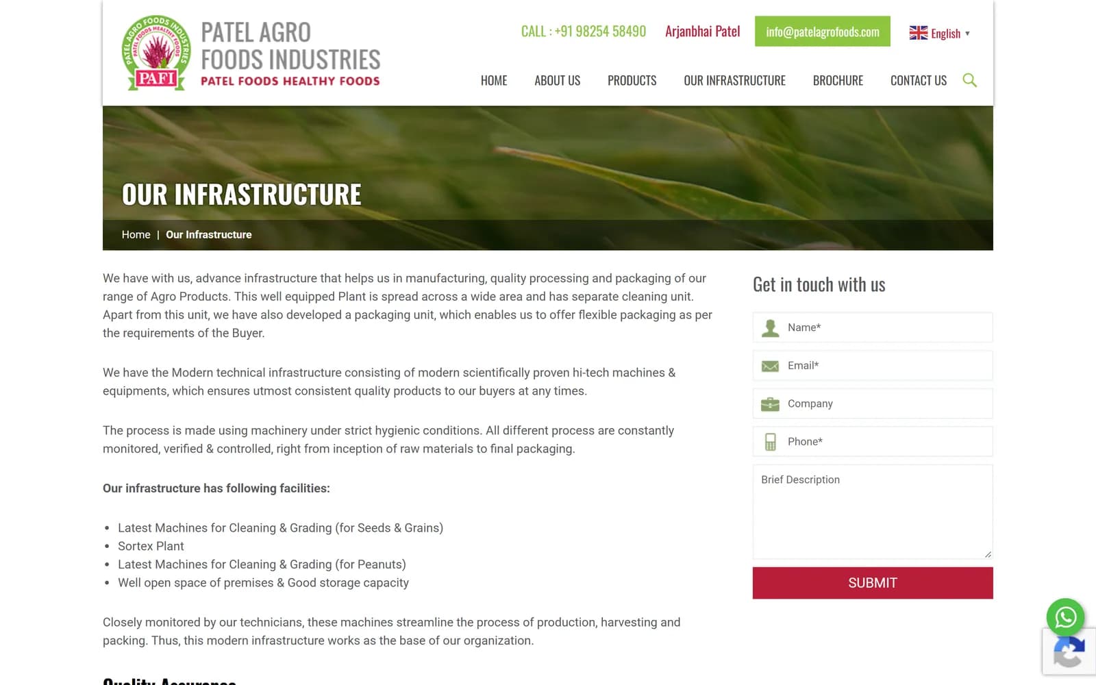Patel Agro Foods infrastructure page listing cleaning, grading and sortex plant facilities
