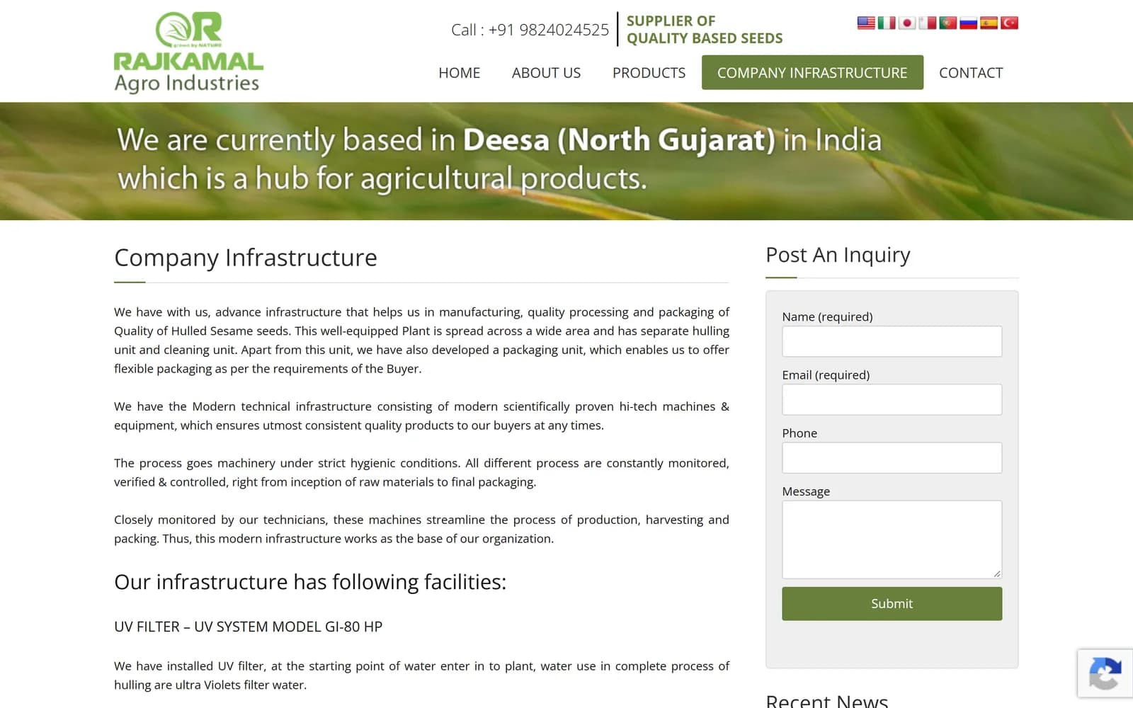 Rajkamal Agro company infrastructure page with a post an inquiry form
