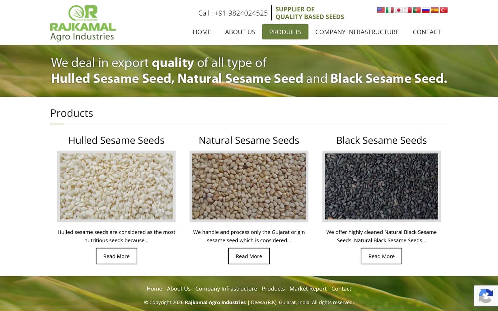 Rajkamal Agro products page with hulled, natural and black sesame seeds