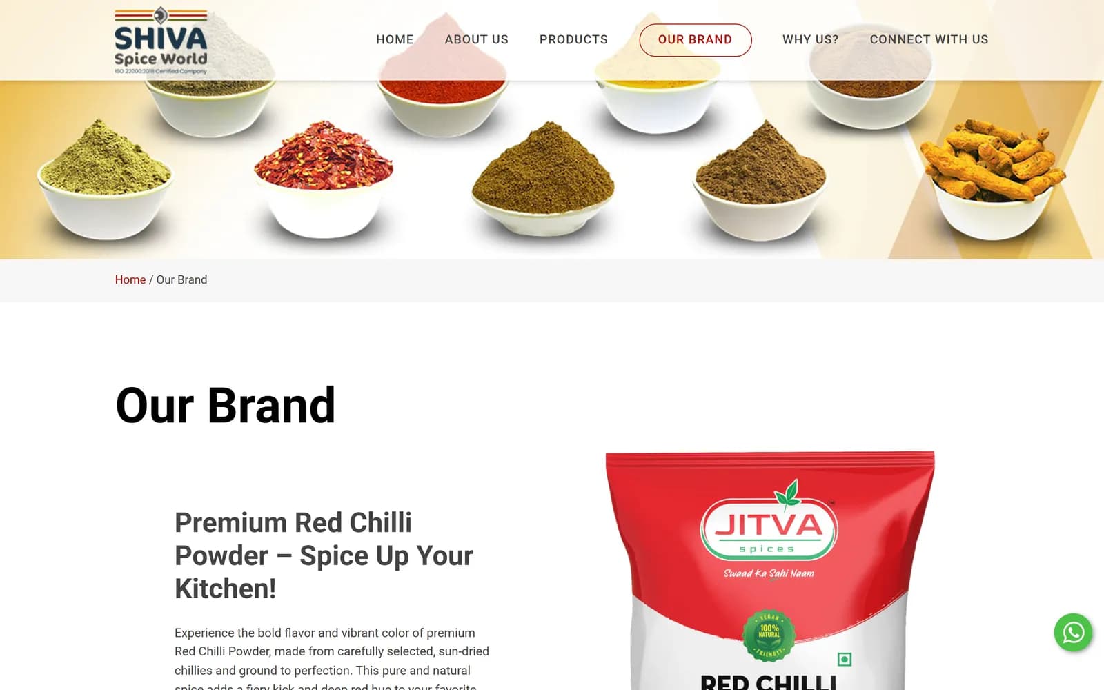 Shiva Spice World Our Brand page featuring Jitva red chilli powder