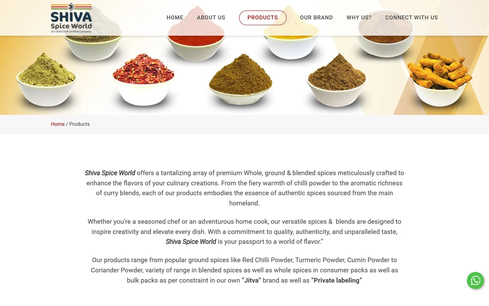 Shiva Spice World products page introducing the spice range