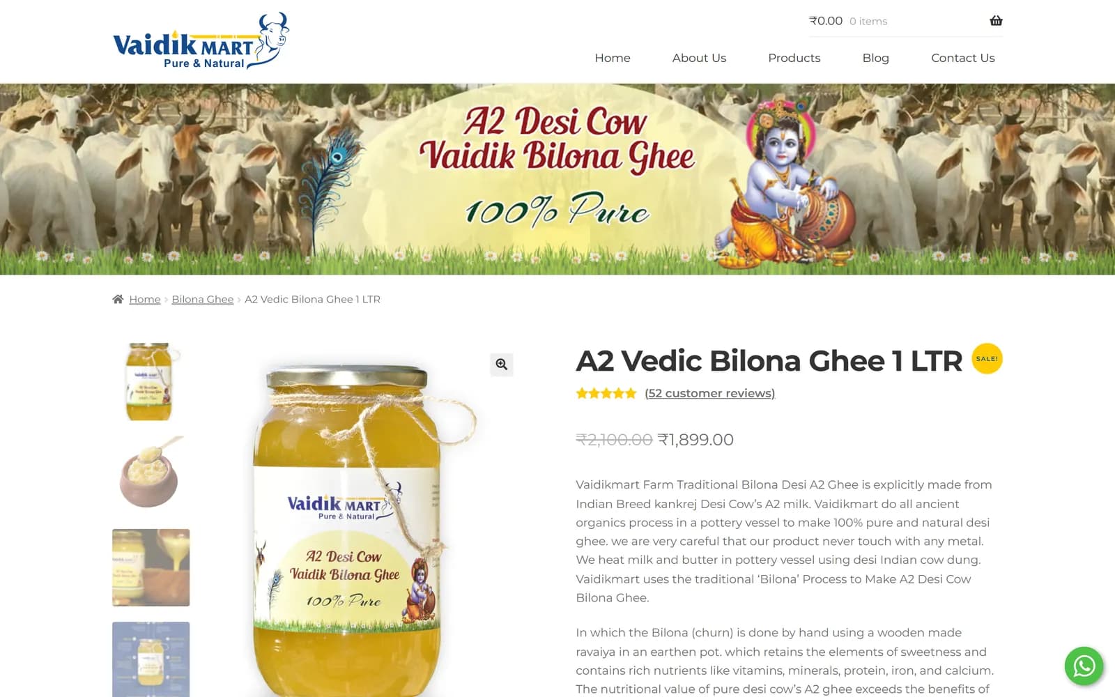 Vaidik Mart product page for A2 Vedic Bilona Ghee 1 litre with sale price and reviews