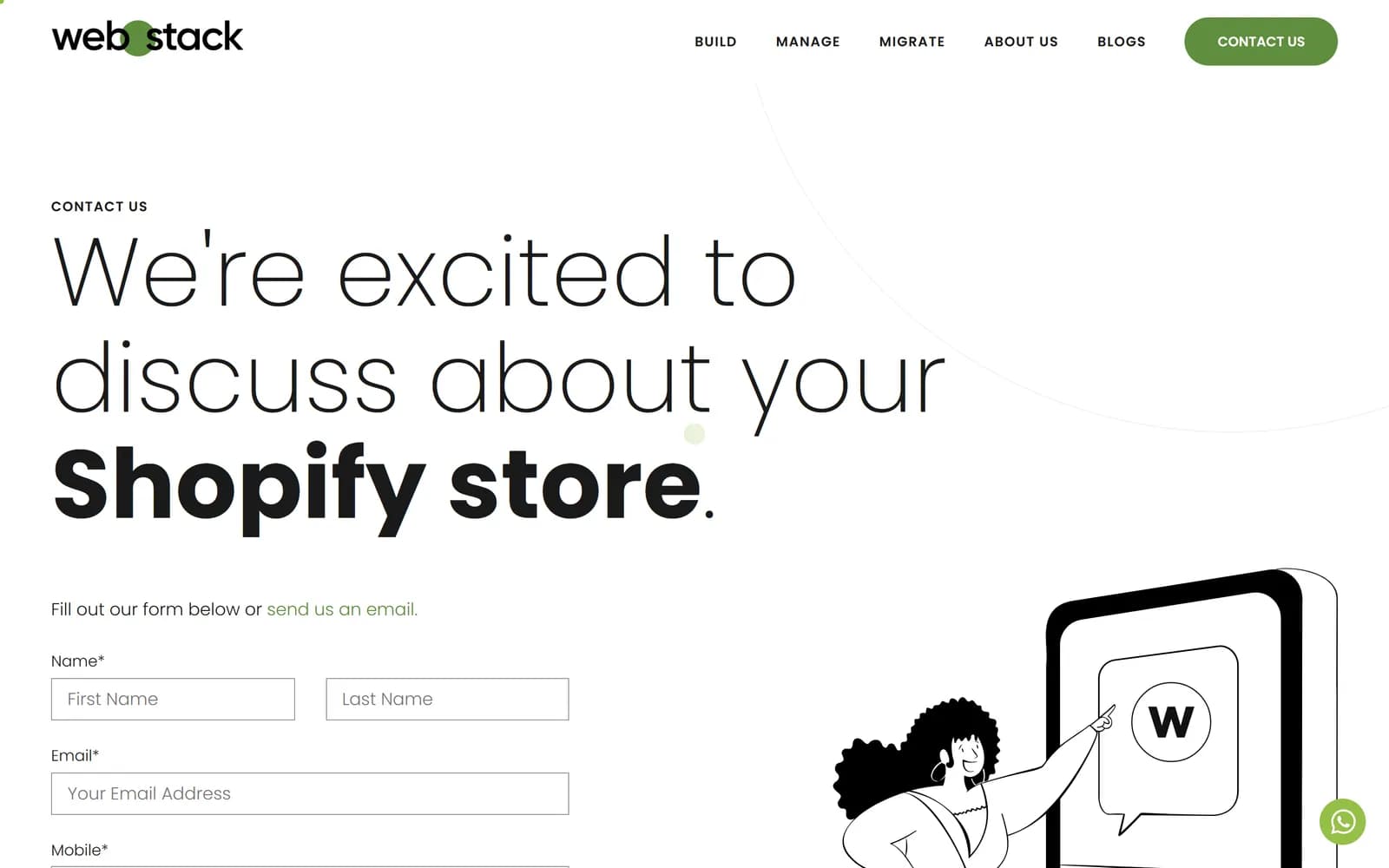 WebOstack contact page with the headline "We're excited to discuss about your Shopify store"