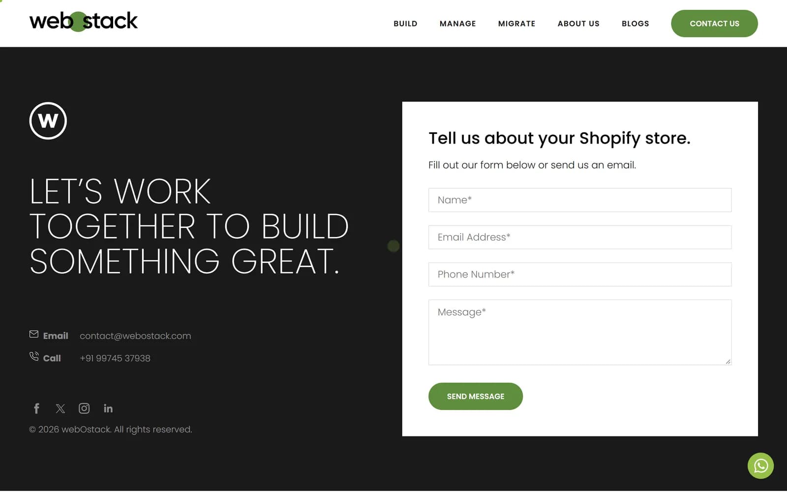 WebOstack portfolio page with a "Let's work together" enquiry form