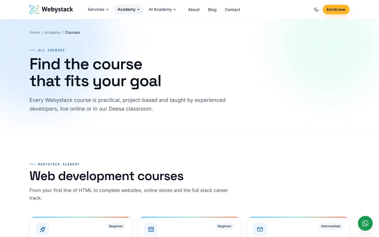 Webystack course catalogue page titled "Find the course that fits your goal"