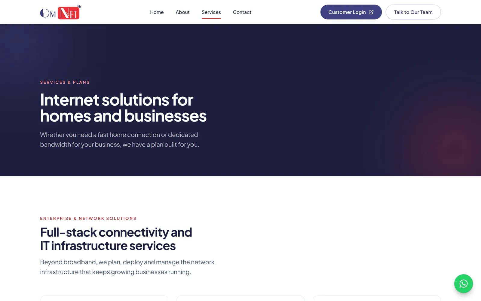 Omnet services page for homes and businesses, including enterprise and network solutions