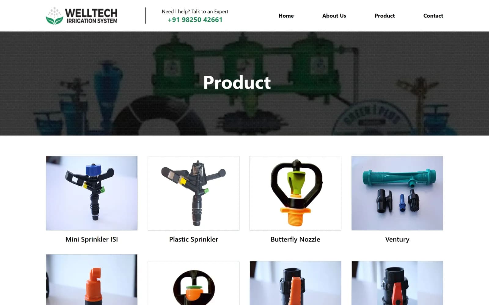 Welltech Irrigation products page with sprinklers, nozzles and venturi